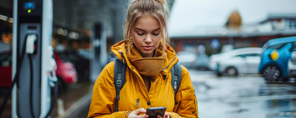 Young woman in a casual jacket using her smartphone while waiting at an electric vehicle charging station, representing modern sustainable transportation
