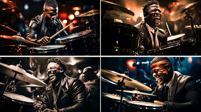 black and white image of a man playing the drums styled joyful and optimistic, dark, ominous colors, candid shots, flowing lines I can't believe how beautiful it is, commentary on race, sparkling eyes