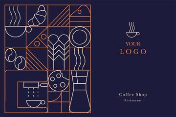 Web banner. Hand drawn illustration of Bakery and Coffee. Icons. Bread, bakery products,  dish, food processor, wheat. Abstract geometric line background. Gold luxury
