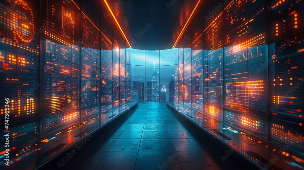 Poster a futuristic office space with transparent screens and floating holographic keyboards showcasing the