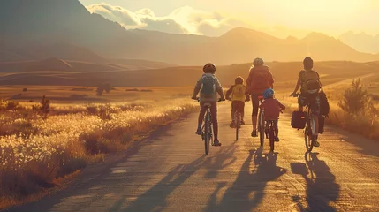 Türaufkleber Happy American family with kids traveling together by bicycle a country road. Active lifestyle for adult and children at nature. Hobby for family, activity pursuit. AI Generated. © Gosgrapher