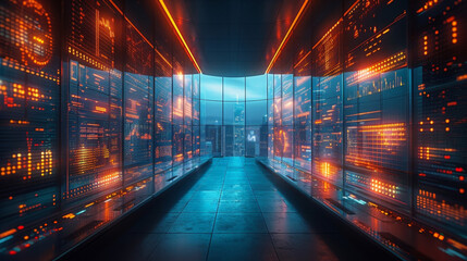 A futuristic office space with transparent screens and floating holographic keyboards showcasing the seamless integration of blockchain technology in financial advisory services.