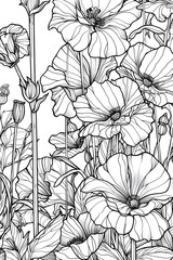 Intricate Black and White Drawing of Flowers, coloring page