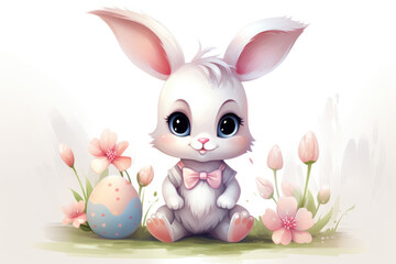 An adorable illustration Easter bunny with pink bow, sitting among pink flowers with a decorated egg, evoking the festive spirit of Easter.