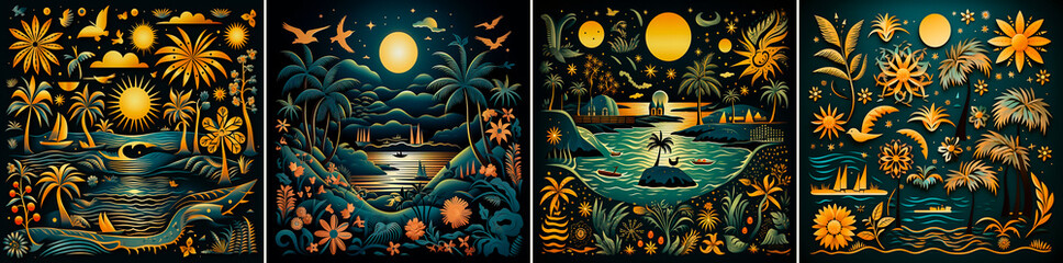 Features elegant beach badges symbolizing island life. Highlights the deep symbolism in the black image design. Various elements symbolizing relaxation and tranquility on the island.