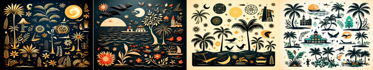 Elegant and deeply symbolic beach icons in black image. An image of an island with sophisticated design elements. Ideal for stylish decor or artistic inspiration