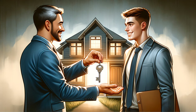 Key to New Beginnings: Real Estate Agent and Client at House Door, Generative AI