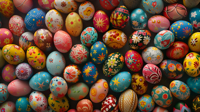 colorful bright easter eggs, top view