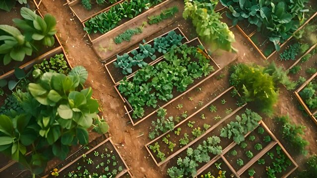Diverse vegetable garden from above, showcasing rows of crops, greenhouses, and irrigation systems in operation