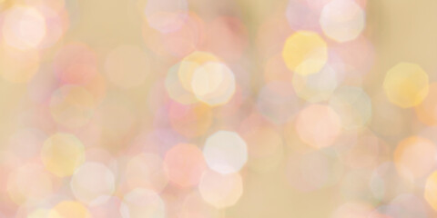 Fototapeta premium Golden peach color Defocused abstract bokeh background pastel tones, flare from lights, color gradient, blurred round bokeh as holiday texture. Glittering aesthetic textured lighting banner