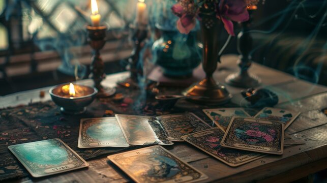 A table topped with cards and a candle