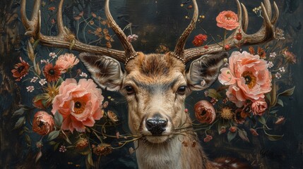 A painting of a deer with antlers and flowers - obrazy, fototapety, plakaty