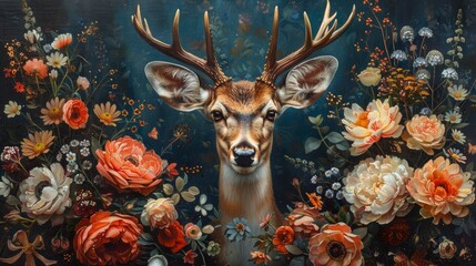 A painting of a deer surrounded by flowers - obrazy, fototapety, plakaty