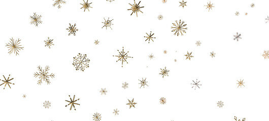 Snowflakes - new year pattern. Christmas theme, golden openwork shiny snowflakes, star, 3D rendering.