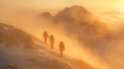 Fototapeta na wymiar climbers walk in a high and dangerous mountain range with fog with morning sunlight 