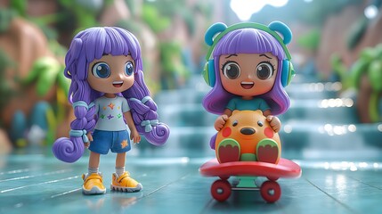 Children's Toys Girls With Purple Hair. Illustration On The Theme Of Toys And Children. Generative AI