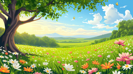 Fototapeta premium Cartoon meadow spring country meadow landscape background of a springtime green pasture field with a blue summer sky and fluffy summertime clouds, stock illustration image