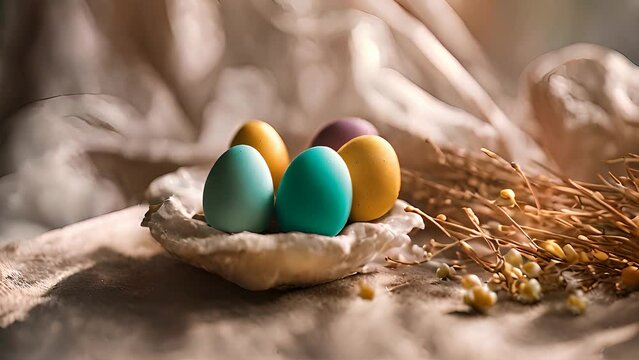 Detailed view of three eggs still in their shells, showcasing their texture and color variations