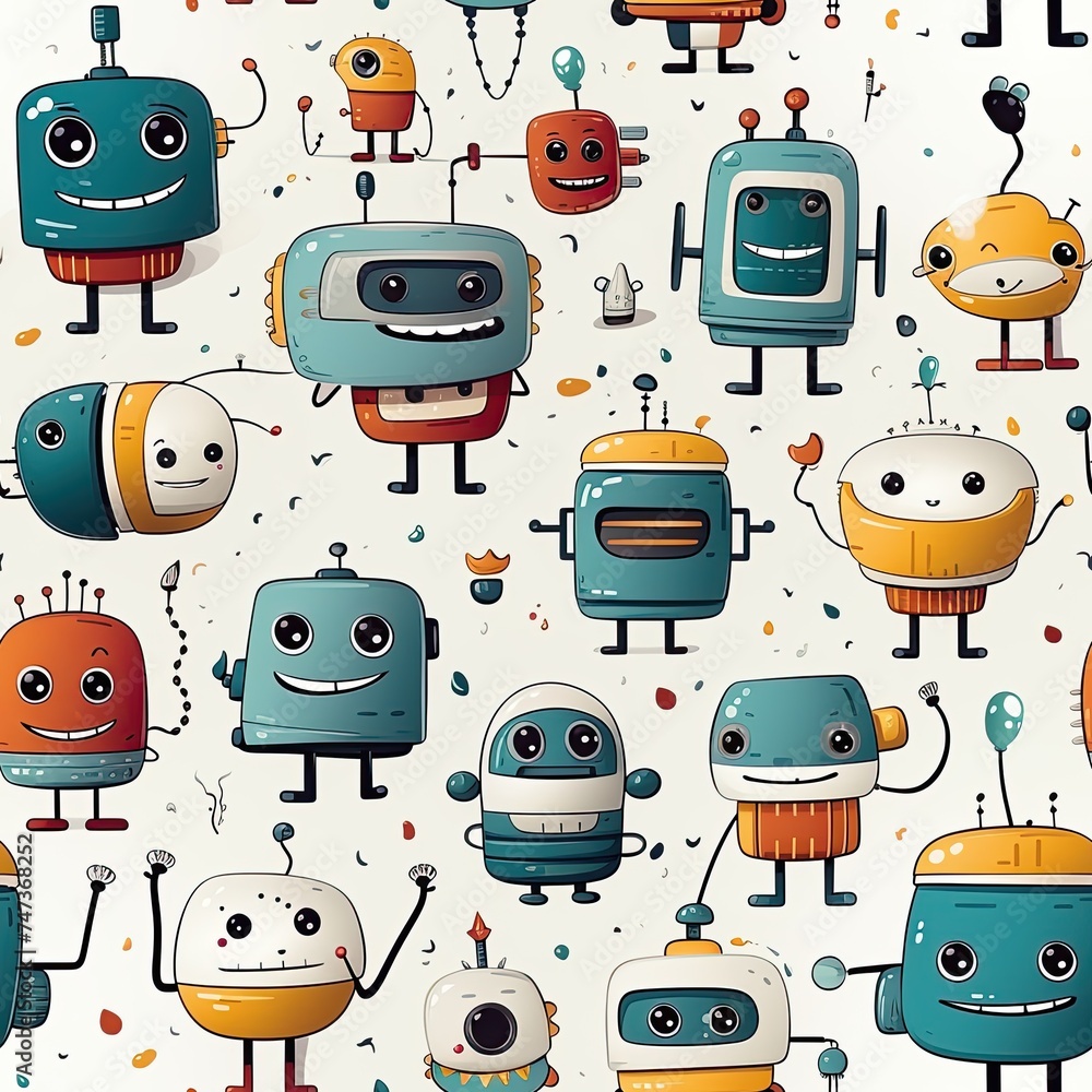 Poster seamless pattern with cute cartoon characters robots on white background. texture for decoration of 