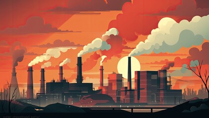 An illustration of factory buildings with smoke billowing out of their chimneys due to industrial pollution - obrazy, fototapety, plakaty