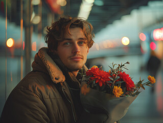 Man waiting for his girlfriend at sunset at the airport with flowers to surprise her
