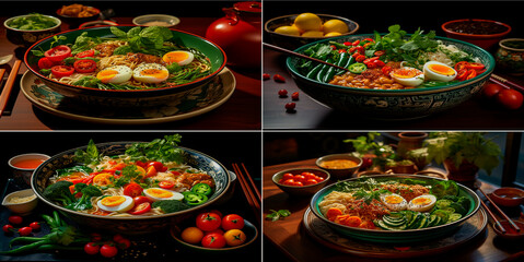 bowl with noodles, eggs, vegetables and chopsticks on a colorful background, in the style of Khmer art,