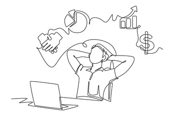 Continuous one line drawing Business icons are floating above head concept. Doodle vector illustration.