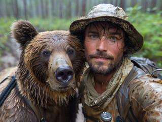 Man taking selfie with brown bear in the nature during storm