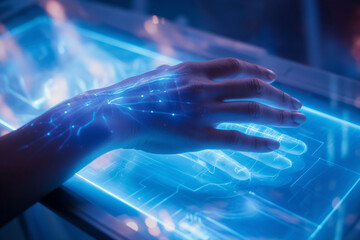 Human Hands and Technology in a Futuristic Blue Interface Digital background, Exploring the Seamless Symbiosis, Business and presentation, financial, cyber security 
