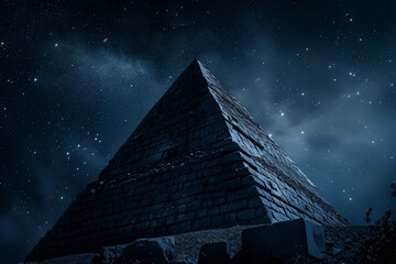 A mysterious pyramid rising up against the night sky
