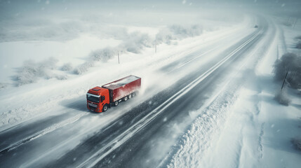 Red truck driving on a snowy highway in the countryside, on a winter day during blizzard. Long-distance transportation, haulage, delivery in cold climate. Rural area. High angle, top view.