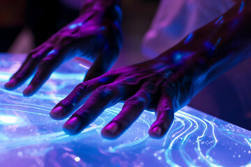 Human Hands and Technology in a Futuristic Blue Interface Digital background, Exploring the Seamless Symbiosis, Business and presentation, financial, cyber security 