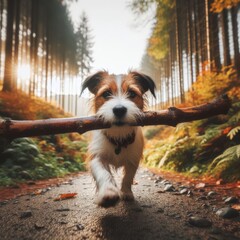 Dog returns with a big stick, after walk
