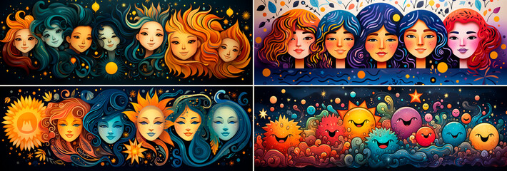 a bunch of different faces of different colors, in the style of round shapes, playful illustrations, art group of stars