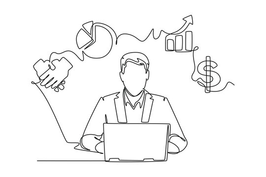 recommend clip art: Continuous one line drawing Business icons are floating above head concept. Doodle vector illustration.