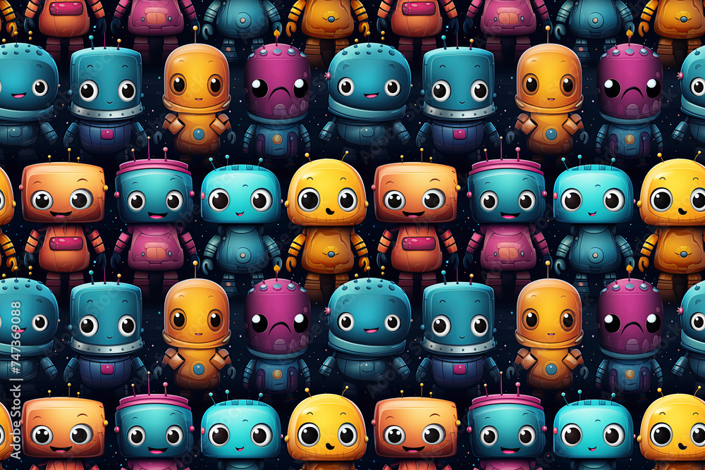 Poster seamless pattern with cute cartoon characters robots on dark blue background. texture for decoration