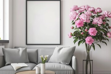 Minimalist simple modern interior with pink peonies