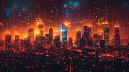Fototapeta premium A futuristic city is portrayed with buildings and structures made entirely of digital code. The image conveys the concept of a cashless society where budgeting savings and