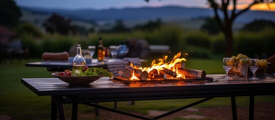 Empty barbecue table with fire burning in background 