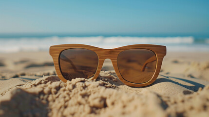 Fototapeta na wymiar Eco-Friendly Wooden Sunglasses on Sandy Beach