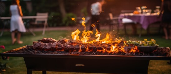 Empty barbecue table with fire burning in background 