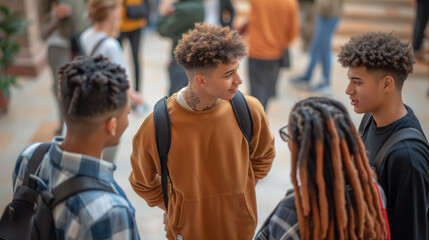 Group of multicultural teenagers having a friendly chat on the city street. Friends or students with diverse backgrounds socializing and talking outdoors. High angle view. - Powered by Adobe