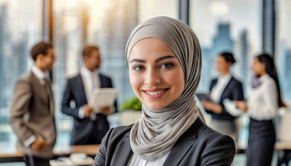 Professional woman in a hijab standing confidently in a modern office with colleagues discussing in the background, cityscape visible through the window.