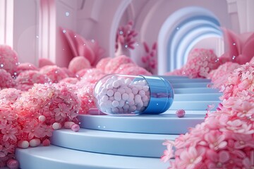 3d rendering of medicine with blue and white capsules, in the style of pastel color schemes. Generative AI