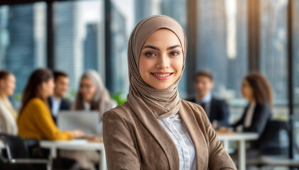 Professional woman in a hijab standing confidently in a modern office with colleagues discussing in the background, cityscape visible through the window.