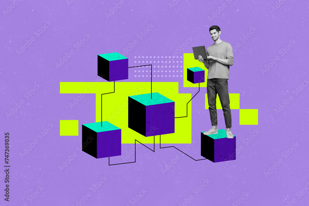 Aufkleber Photo collage picture standing young man hold laptop network internet web connection programming modern technology drawing background