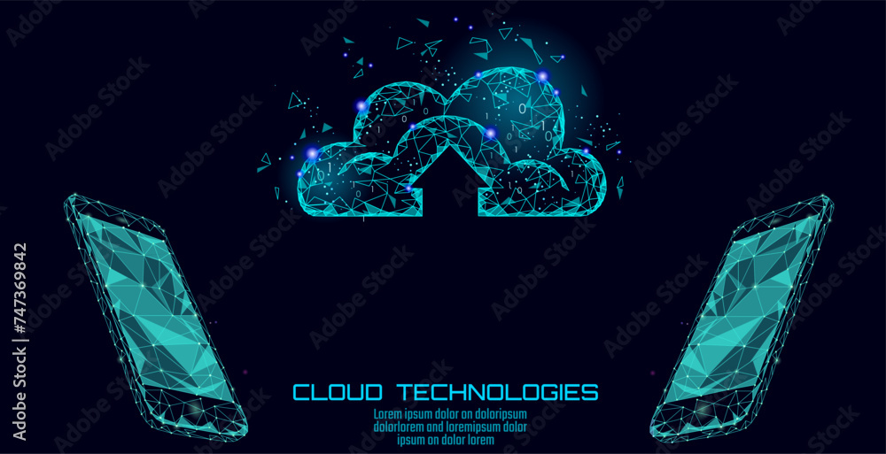 Poster cloud computing online storage app low poly. polygonal future modern internet business technology. s