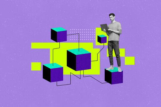 Photo collage picture standing young man hold laptop network internet web connection programming modern technology drawing background