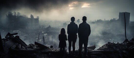 Family looking at destroyed city from inside his home