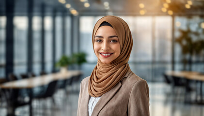 Professional woman in a hijab standing confidently, blurred empty modern office as background, cityscape visible through the window.